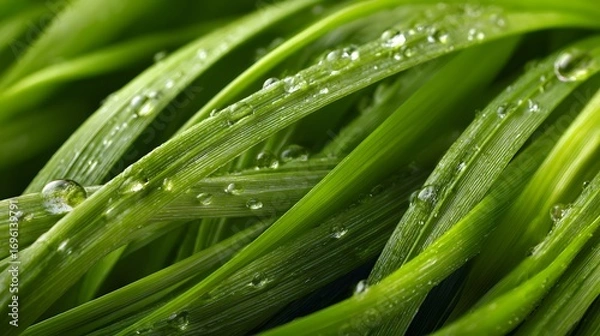 Fototapeta Ultra-Detailed Authentic Close-Up of Bright Green Wheatgrass with Dewdrops for Juicing Captured in Natural Sunrise Lighting Emphasizing Organic Texture and Minimalist Composition