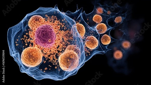 Fototapeta Modern Vector Depiction of a Resting Mast Cell with Clearly Defined Nucleus and Abundant Histamine Granules in a Detailed Inactive Pre-degranulation Presentation