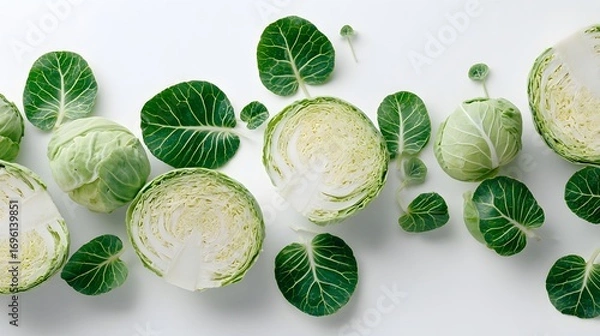 Fototapeta Detailed top-down exhibition presenting vibrant sprout leaves alongside meticulously split cabbage halves on a stark white backdrop for botanical artistry