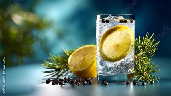 Fototapeta Artistic Composition of a Refreshing Gin and Tonic Cocktail with Lemon and Juniper Berries in a Modern, Serene Setting