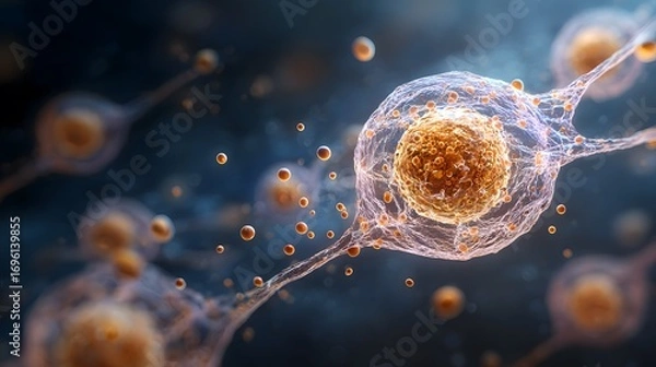 Fototapeta Sophisticated Scientific Vector Artwork Illustrating a Resting Mast Cell with Emphasized Nucleus and Multitude of Histamine-filled Granules in Pre-degranulation State