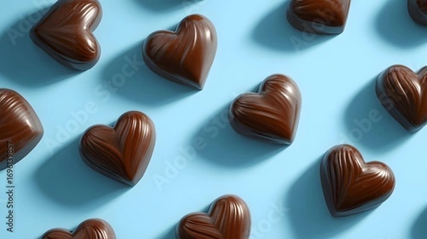 Fototapeta Elegant Heart-Shaped Chocolate Arrangement on Soft Blue Backdrop with Ample Negative Space for Captivating Valentine's Day Promotional Art