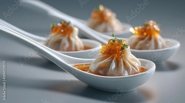 Fototapeta Intricately Arranged Asian Fusion Soup Dumplings: A Refined Gourmet Presentation with Shimmering Broth and Pristine Porcelain Displays in Soft Studio Ambience