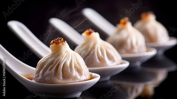 Fototapeta Luxurious Gourmet Dumplings in Porcelain Spoons: A Detailed Asian Fusion Culinary Art Showcase in Soft Studio Lighting