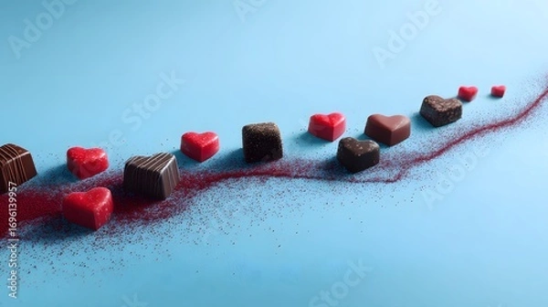 Fototapeta Intricate Heart-Shaped Artisanal Chocolate Display with Expansive Negative Space and Tranquil Blue Backdrop for Refined Valentine's Day Promotions
