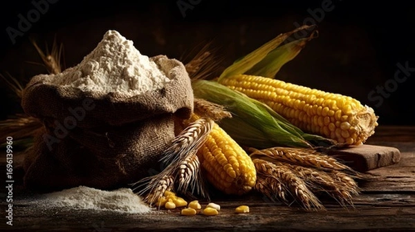 Fototapeta A Colorful Still-Life of Abundant Freshly Harvested Wheat and Corn Celebrating Rustic Agriculture