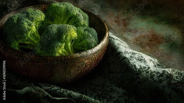 Fototapeta Vivid Depiction of Broccoli as a Nutritional Powerhouse with Artistic Infographic and Rustic Culinary Accents in a High-Resolution Digital Painting