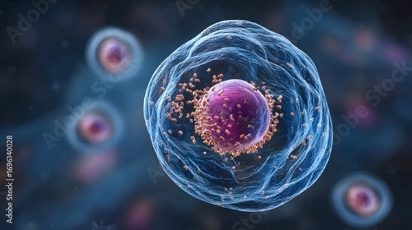 Fototapeta Modern Vector Depiction of a Resting Mast Cell with Clearly Defined Nucleus and Abundant Histamine Granules in a Detailed Inactive Pre-degranulation Presentation
