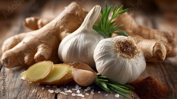 Fototapeta Comprehensive Study on the Combined Effects of Garlic and Ginger Extracts in Boosting Antimicrobial Action in Natural Remedies and Culinary Applications