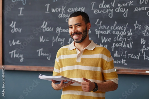 Fototapeta Portrait of young adult Middle Eastern man smiling while holding notebook, standing in front of chalkboard with handwritten English phrases in language school classroom setting