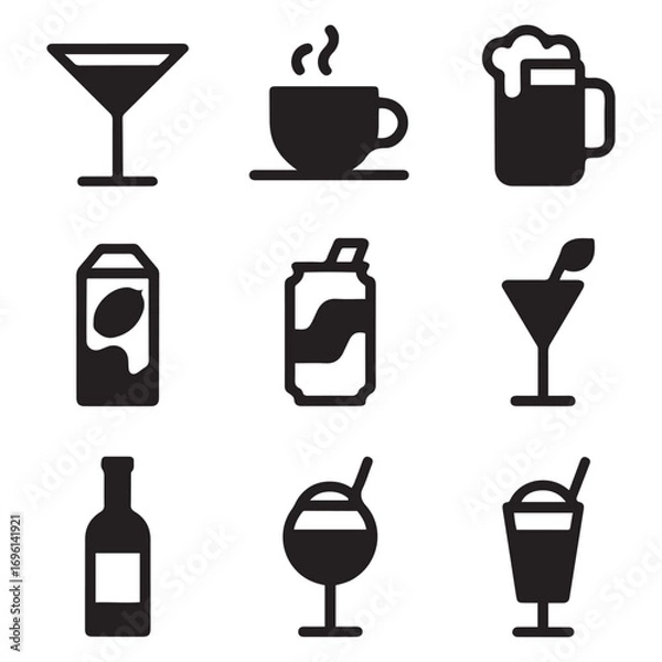 Fototapeta Set of drink icon or logo isolated sign symbol vector illustration. Vector black silhouette. with white background