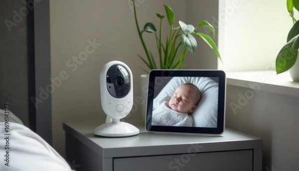 Fototapeta Close-up of the baby monitor screen showing a sleeping infant, placed next to a small indoor plant on a gray nightstand.