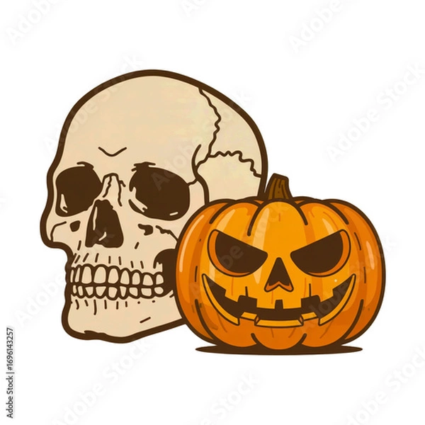 Obraz Halloween Skull and Pumpkin with Jack-O'-Lantern Face, Spooky Decor