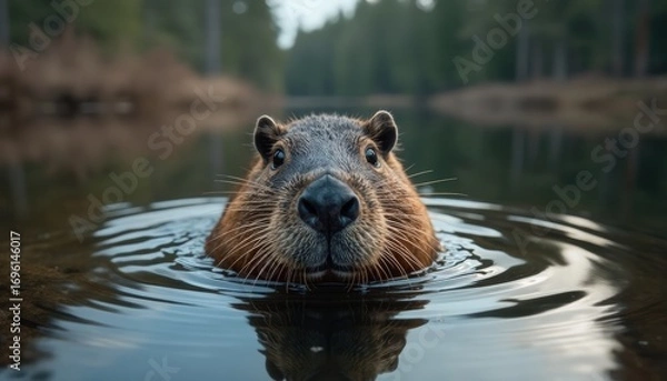 Fototapeta Front-facing close-up of a beaver's head breaking the water surface as it approaches a lodge at dusk.