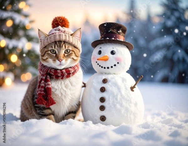 Fototapeta A cat and a snowman
