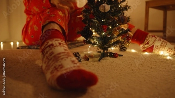 Obraz Woman in Red Pajamas Sitting Behind Mini Tree with One Foot in Festive Sock Extended Toward Camera, Low Angle, Cozy Holiday Vibes Concept