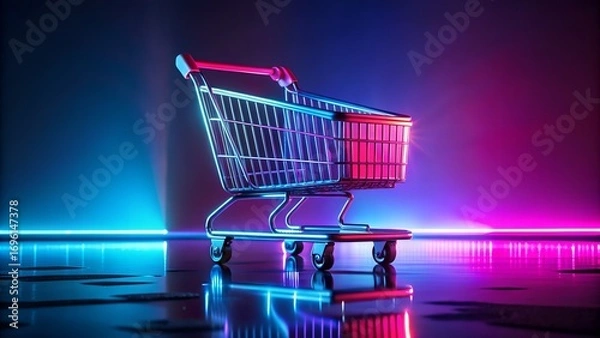 Fototapeta Shopping Cart Illuminated by Neon Lights Representing Modern Retail and Consumerism in the Digital Age