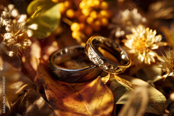 Fototapeta Elegant wedding rings in a rustic autumn setting.