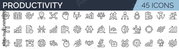 Fototapeta Set of 45 outline icons related to productivity. Linear icon collection. Editable stroke. Vector illustration