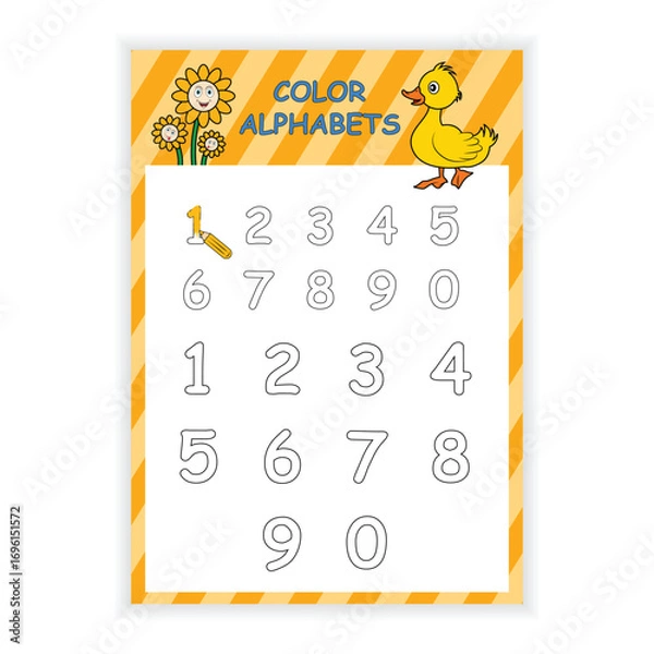 Fototapeta Numbers for coloring. coloring book for kids. coloring page outline of cartoon numbers. practice fine motor skills