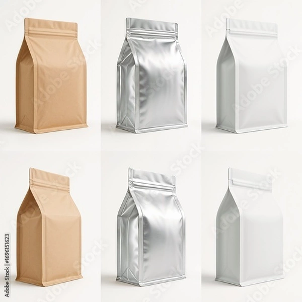 Fototapeta Variety of Packaging Designs: Diverse range of packaging bags showcased in various designs and colors, perfect for showcasing a product's presentation potential and appealing to potential customers. 