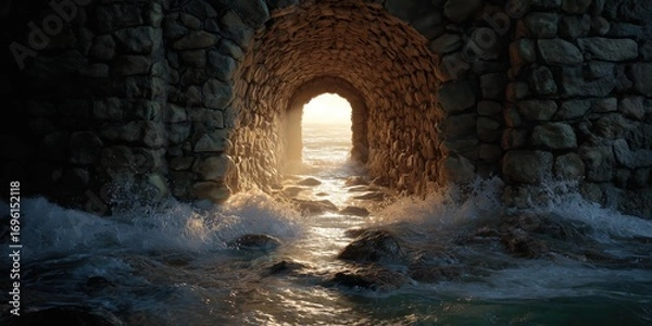 Fototapeta Coastal Passage: A low angle of an arched stone passage opening onto the sea with bright daylight. The rough waves splash through the opening.