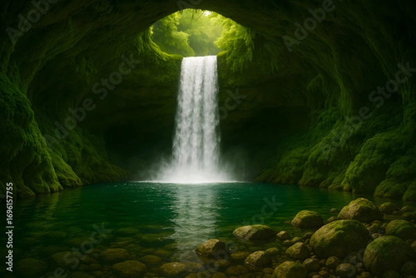 Obraz waterfall in green cave