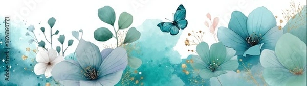 Fototapeta Watercolor floral banner with a teal butterfly and gold accents. Abstract botanical illustration with blue flowers. Elegant spring invitation template with copy space.