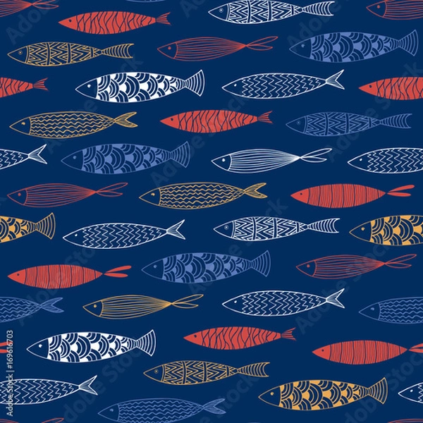 Fototapeta Seamless pattern with fish on a blue background