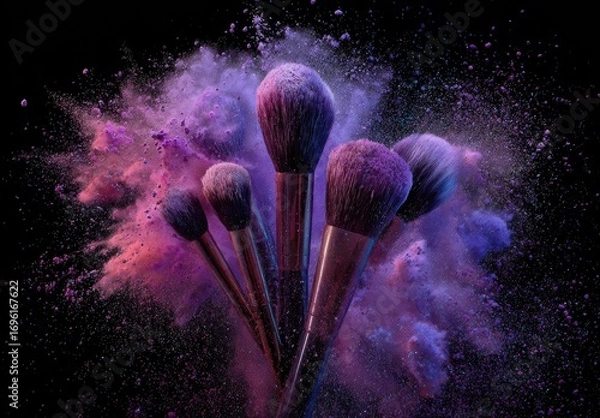 Fototapeta Makeup brushes explode in vibrant powder