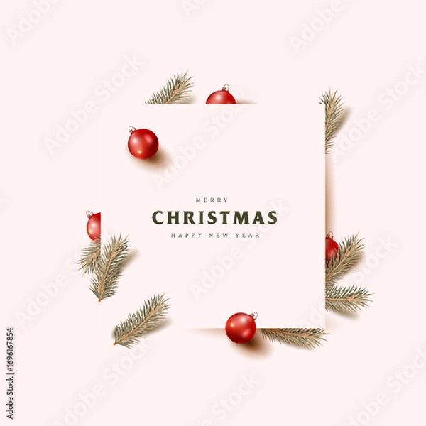 Fototapeta Minimal Christmas and New Year card with red baubles and pine leaves on soft pastel background for holiday greetings or social media
