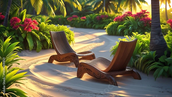 Fototapeta Two wooden lounge chairs on a sunny garden path with lush greenery and vibrant flowers