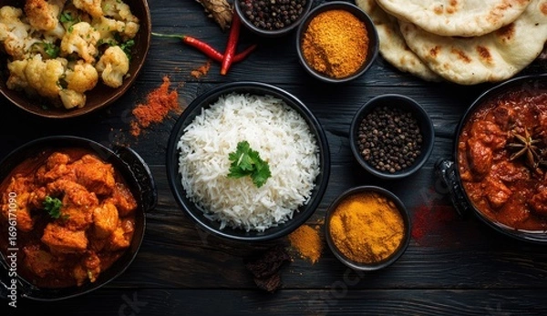 Fototapeta Indian cuisine assortment on a dark wooden table