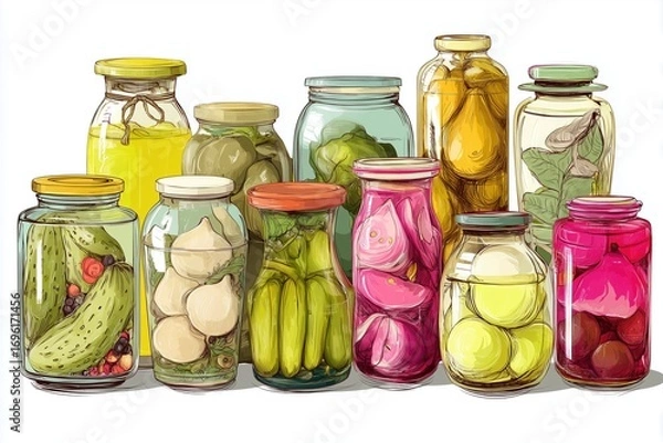 Fototapeta illustration of Various pickled foods in jars isolated on a white background