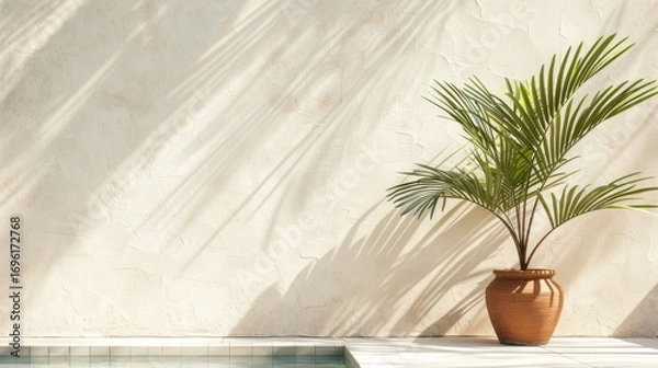Fototapeta Sunlit Minimalist Oasis: Palm Shadow Play on Textured Wall with Poolside Tranquility