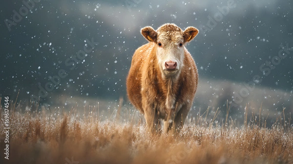 Fototapeta A cow standing in an open field during the first unexpected snowfall.