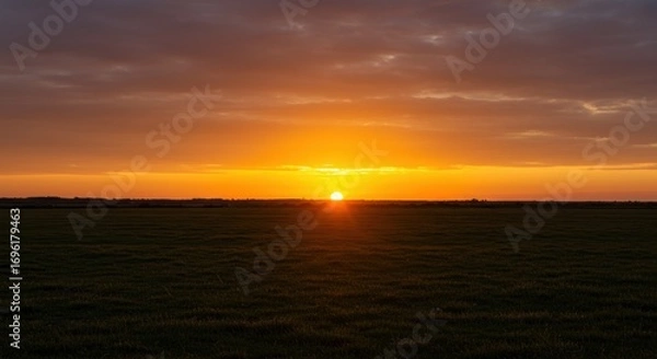 Fototapeta A breathtaking golden sunset casting a warm, serene glow over a vast, flat meadow with a dramatic cloudy sky