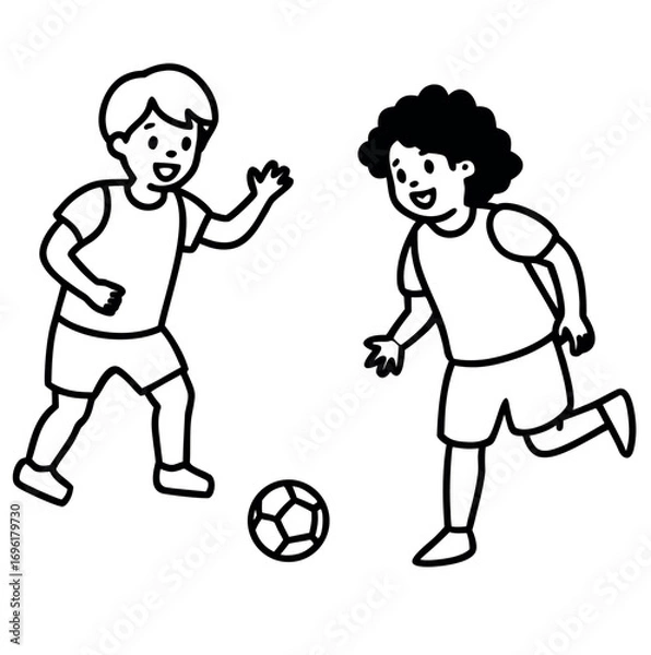 Fototapeta Children playing a game of football on a grassy field in a black and white illustration