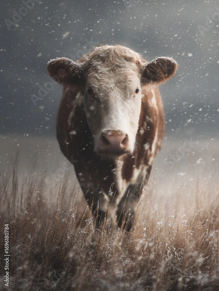 Fototapeta A cow standing in an open field during the first unexpected snowfall.