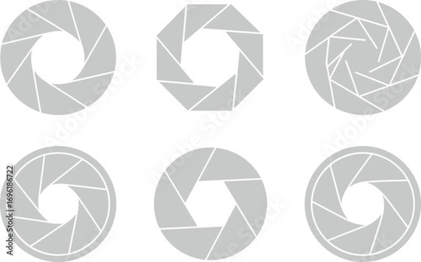 Fototapeta A technical collection of geometric camera aperture icons. Vector set of six isolated lens shutter diagrams on white
