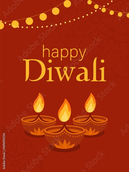 Fototapeta Happy Diwali greeting card with glowing diya lamps, festive lights and mandala background. Vector illustration for festival of lights, holiday poster, banner or invitation.