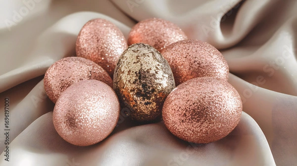 Fototapeta A beautiful arrangement of glittery pink and gold eggs displayed on luxurious silky fabric, creating an elegant and festive atmosphere.