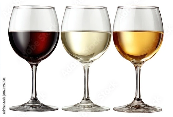 Obraz Three wine glasses with red, white, and yellow wine against a white background are arranged in a row