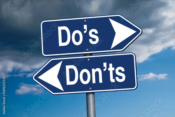 Fototapeta Two blue directional road signs showing do's and don'ts against cloudy sky choice decision