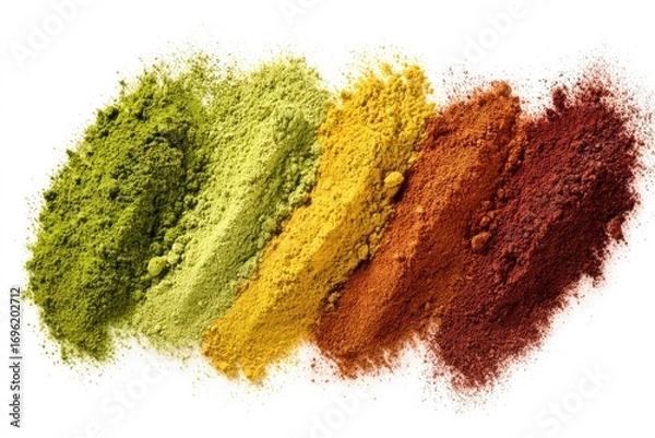 Fototapeta Colorful powdered spice blends on white