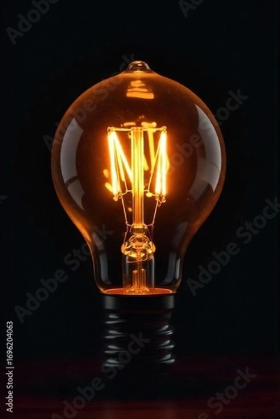 Obraz Close-up shot of a glowing incandescent light bulb, filament brightly lit against a dark background Perfect for concepts of ideas, innovation, and energy , idea, design