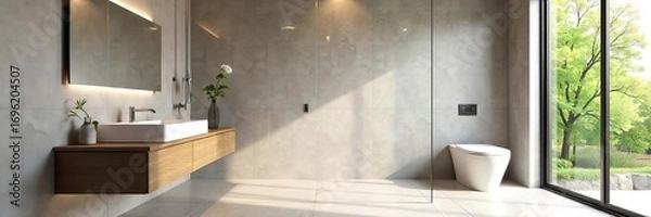 Obraz Sleek minimalist bathroom with floating vanity, rainfall shower, and large format tiles  Perfect for modern home design inspiration ,  contemporary bathroom,  lighting
