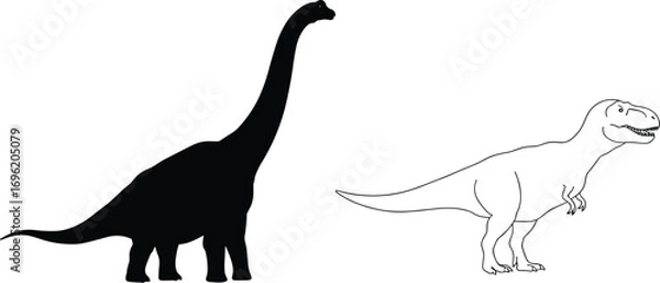 Fototapeta Size Comparison Between Brachiosaurus and T-Rex, Dinosaur Illustration, Black and White, Extinct Animals, Jurassic Period.