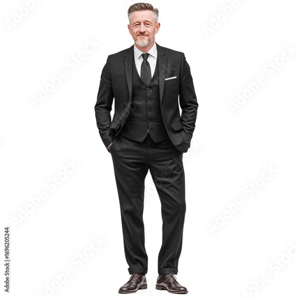 Fototapeta Modern confident executive in black formal suit full length portrait isolated on plain white background, corporate business style image symbolizing leadership, career success and professional growth
