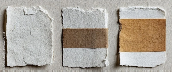 Obraz Three torn paper pieces, textured white with horizontal brown bands, on neutral background. Close-up, rough edges